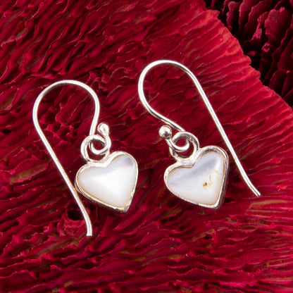 Dainty White Mother of Pearl Sterling Silver Heart Drop Earrings