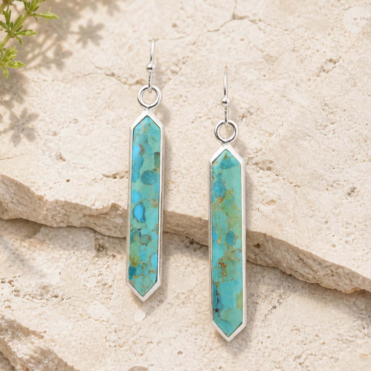 Linear Blue Turquoise Silver Drop Earrings