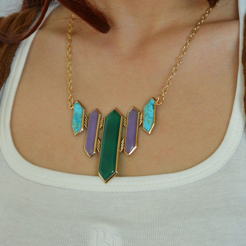 Deco Green and Purple Agate Golden Statement Necklace