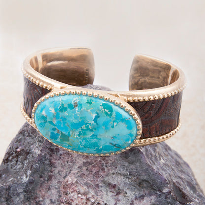 Rosette Brown Leather and Blue Turquoise Golden Cuff Bracelet