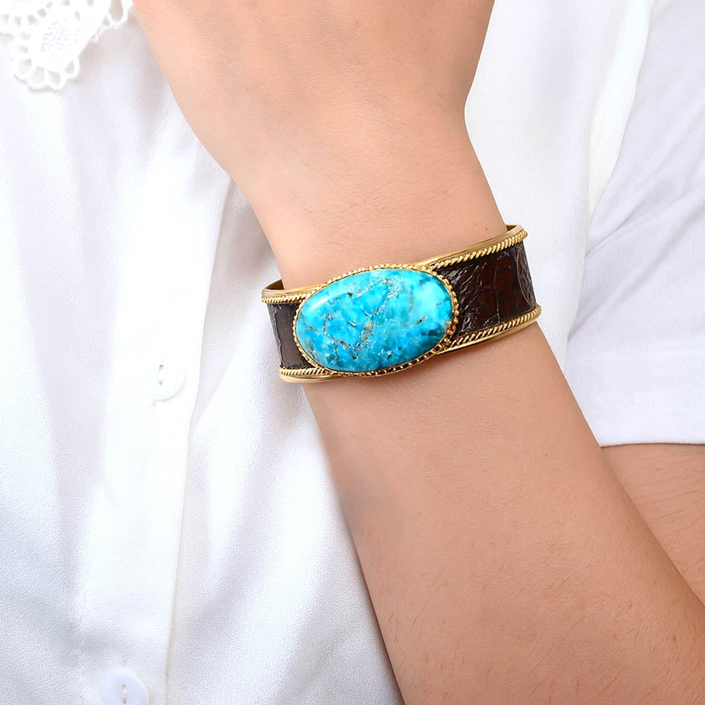 Rosette Brown Leather and Blue Turquoise Golden Cuff Bracelet