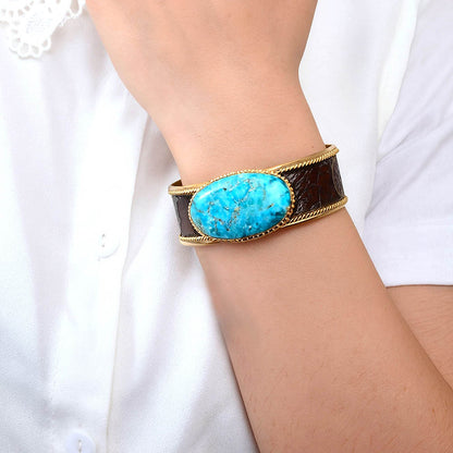 Rosette Brown Leather and Blue Turquoise Golden Cuff Bracelet
