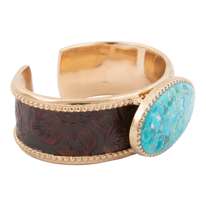 Rosette Brown Leather and Blue Turquoise Golden Cuff Bracelet