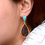 Blue Turquoise Rosette Leather Post Golden Earrings