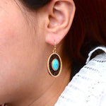 Blue Turquoise Rosette Leather and Golden Drop Earrings