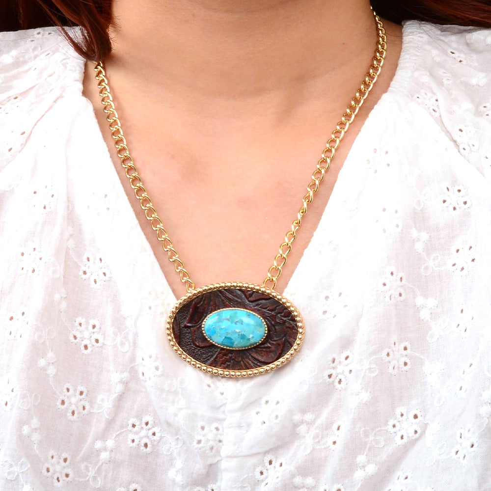 Blue Turquoise Rosette Leather Pendant Golden Chain Necklace