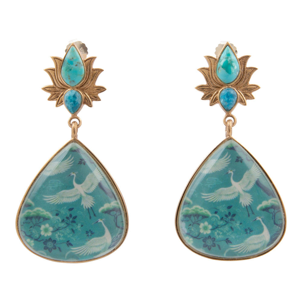 Heron Flight Teal Apatite and Turquoise Golden Drop Earrings