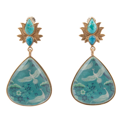 Heron Flight Teal Apatite and Turquoise Golden Drop Earrings