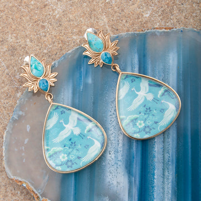Heron Flight Teal Apatite and Turquoise Golden Drop Earrings