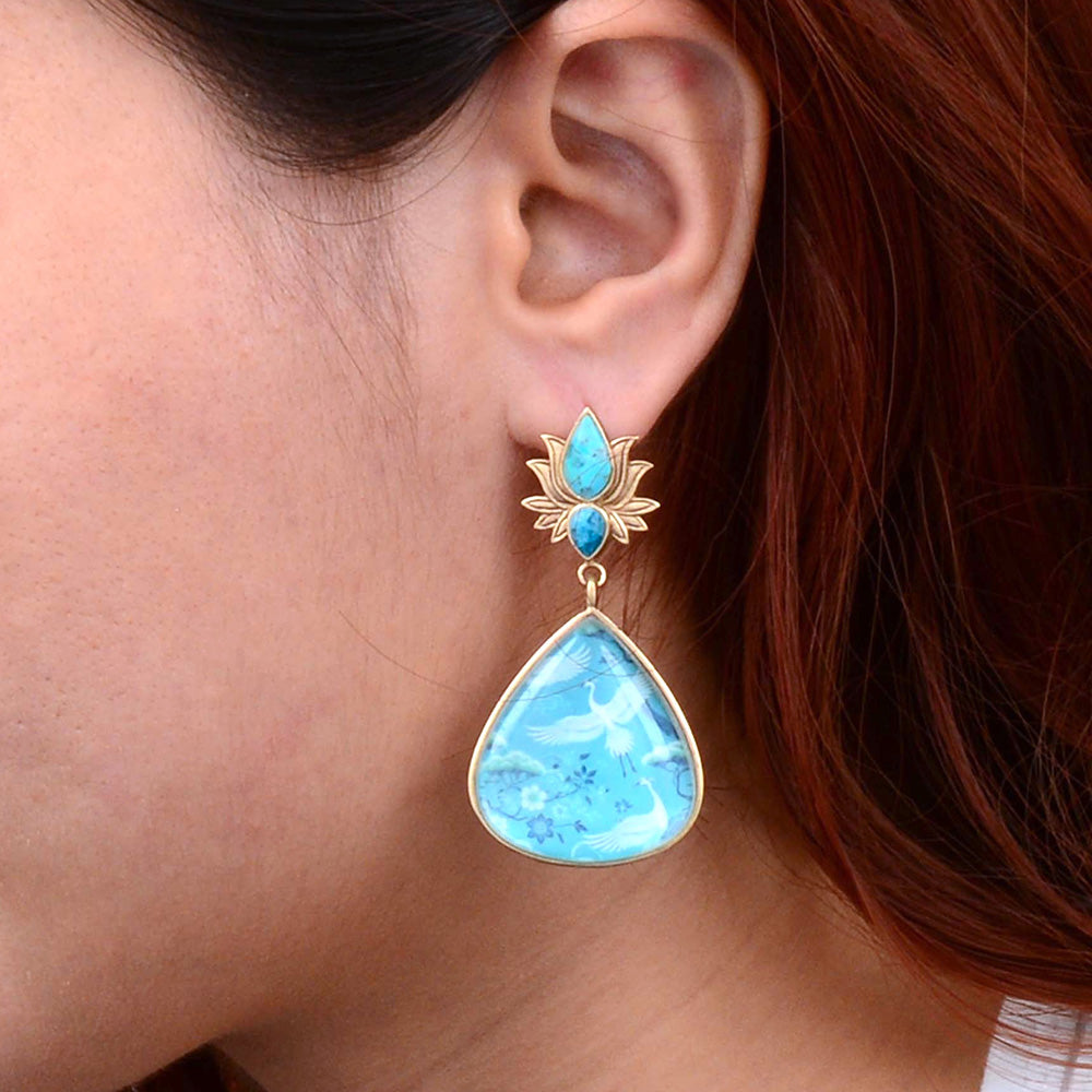 Heron Flight Teal Apatite and Turquoise Golden Drop Earrings