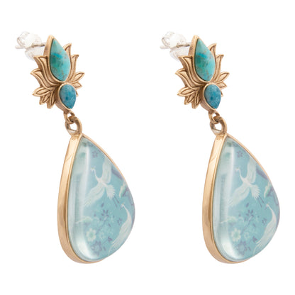 Heron Flight Teal Apatite and Turquoise Golden Drop Earrings