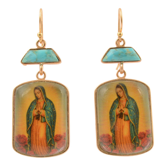 Our Lady of Guadalupe Blue Turquoise Golden Drop Earrings