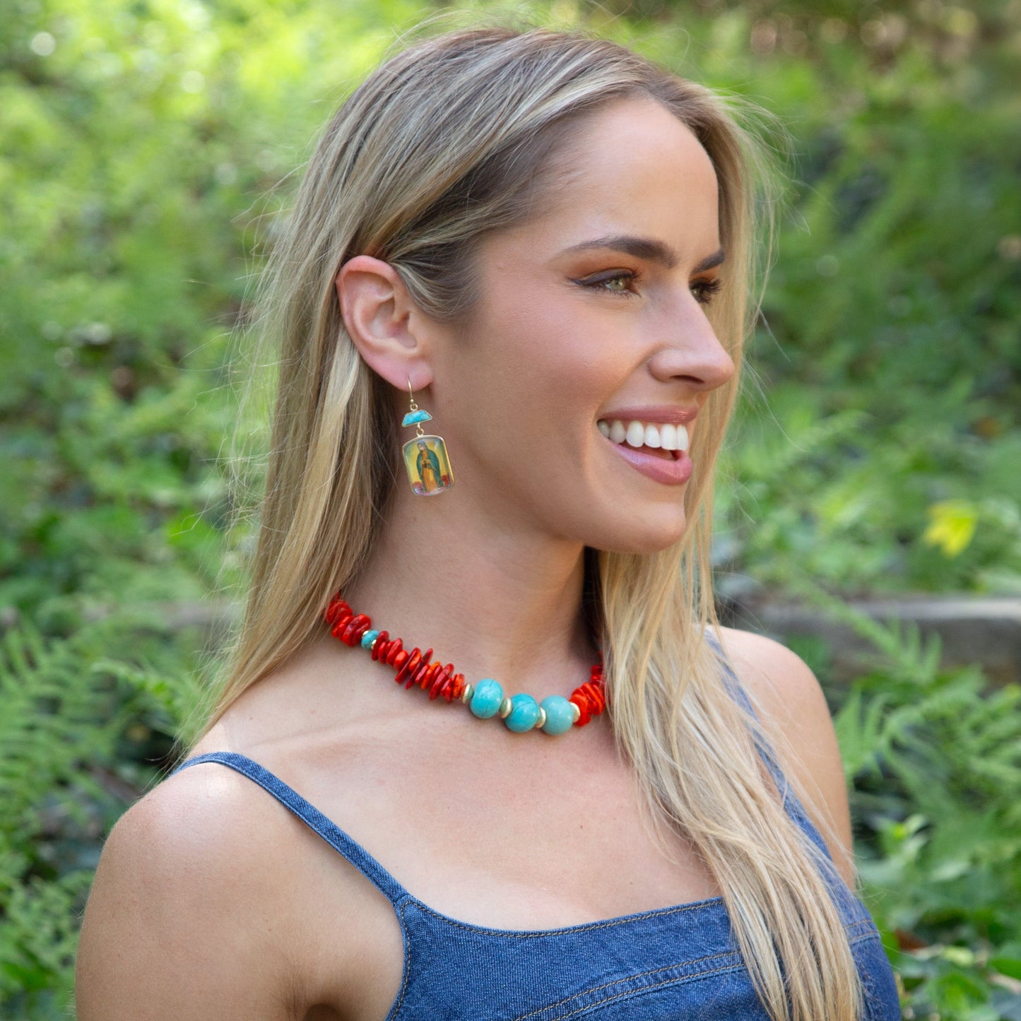Our Lady of Guadalupe Blue Turquoise Golden Drop Earrings