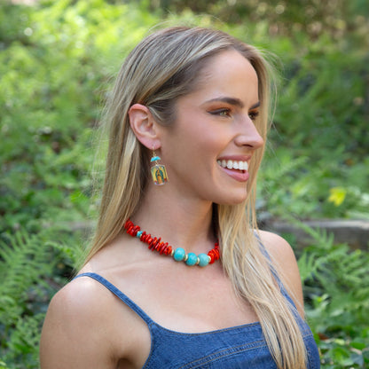 Taos Fiery Orange Jasper with Cool Blue Magnesite Statement Golden Necklace