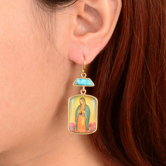 Our Lady of Guadalupe Blue Turquoise Golden Drop Earrings