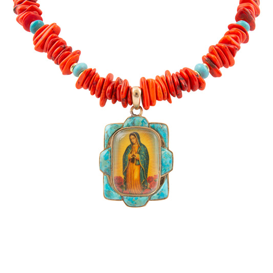 Our Lady of Guadalupe Blue Turquoise and Fiery Orange Golden Pendant Necklace