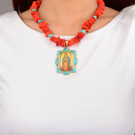Our Lady of Guadalupe Blue Turquoise and Fiery Orange Golden Pendant Necklace