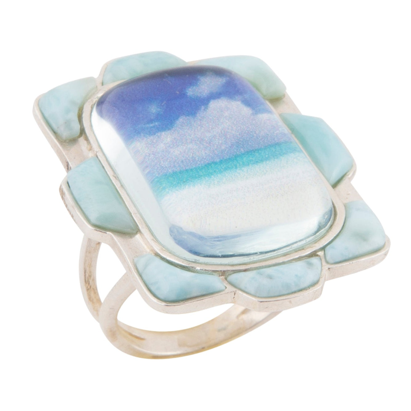 Ring with a rectangular stone featuring a scenic view on a white background