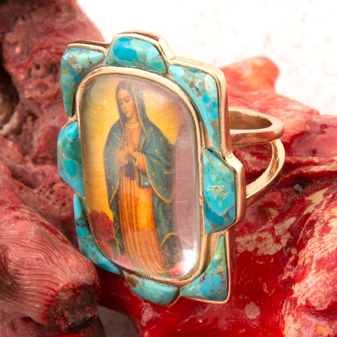 Our Lady of Guadalupe Blue Turquoise Golden Statement Ring
