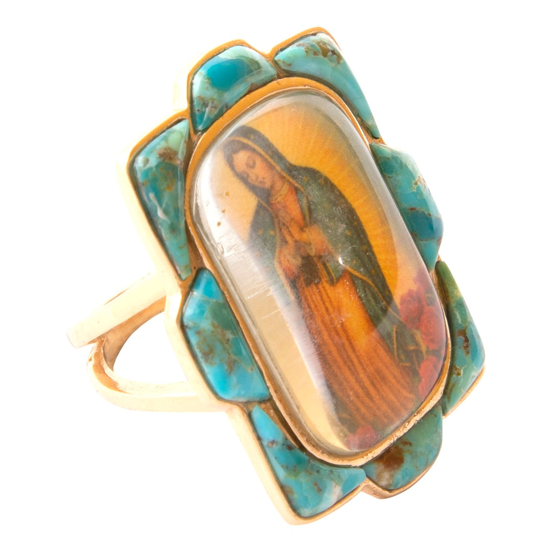 Our Lady of Guadalupe Blue Turquoise Golden Statement Ring