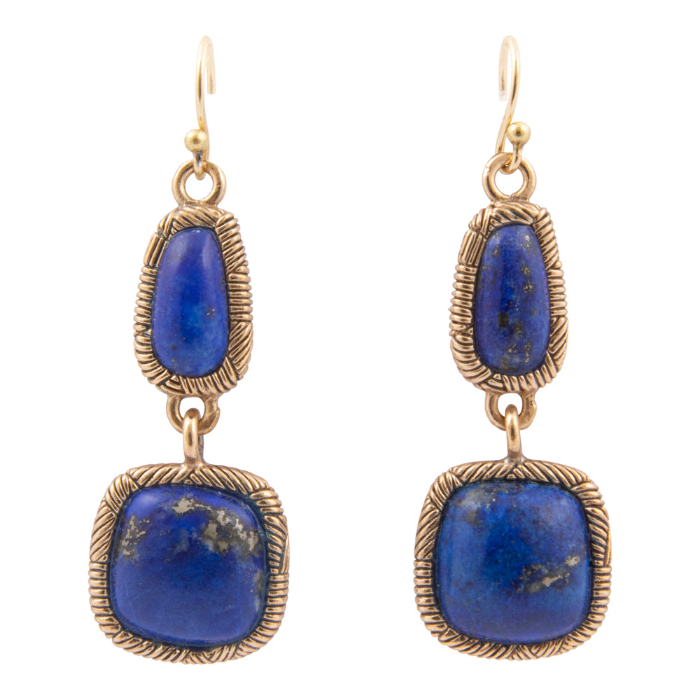 Double Blue Lapis Golden Drop Earrings