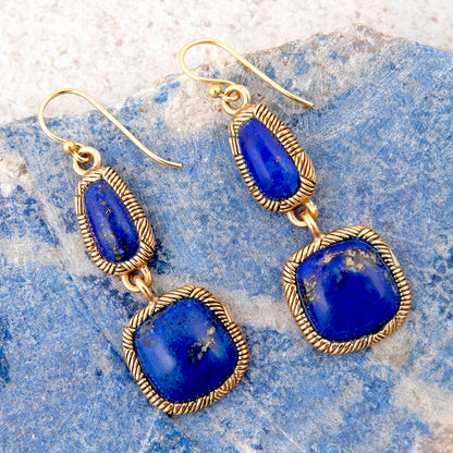 Double Blue Lapis Golden Drop Earrings