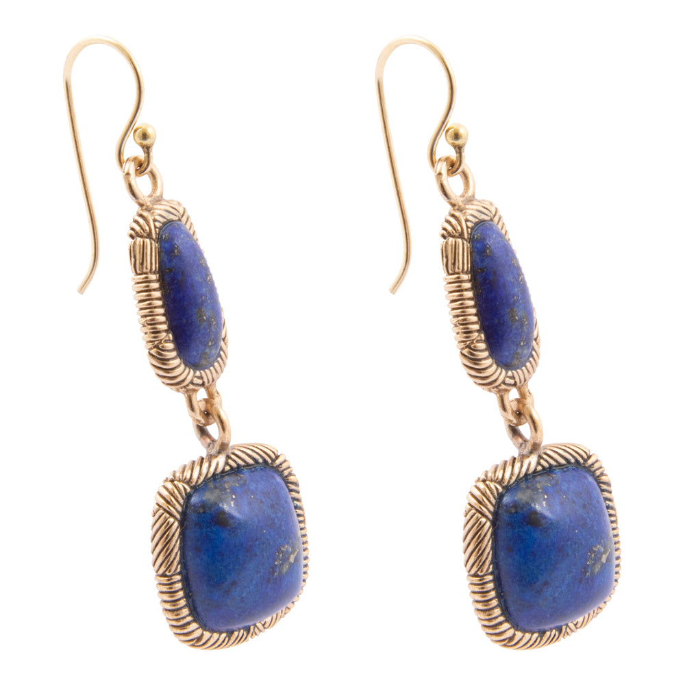 Double Blue Lapis Golden Drop Earrings