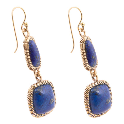 Double Blue Lapis Golden Drop Earrings