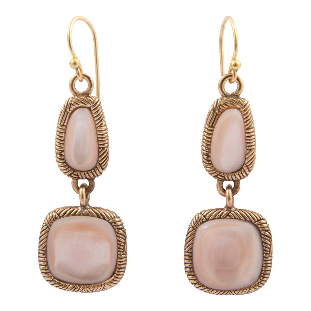 Pink Mother of Pearl Double Drop Golden Earrings