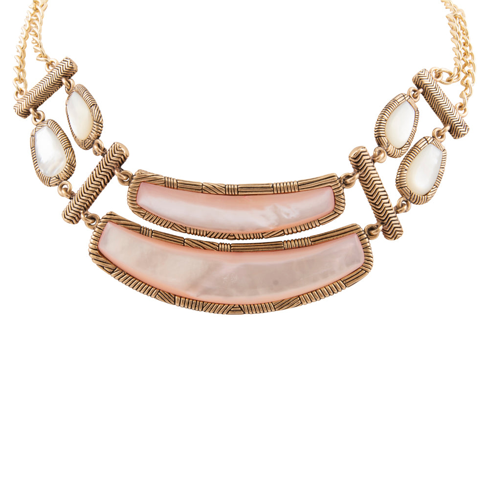 Pink Mother of Pearl Double Stack Golden Statement Necklace