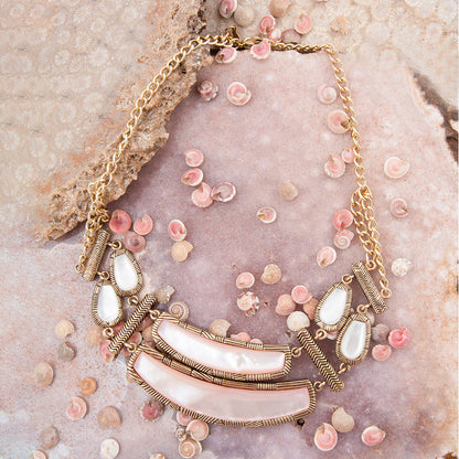 Pink Mother of Pearl Double Stack Golden Statement Necklace