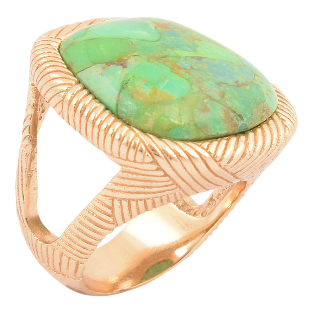 Gold ring with a green stone on a white background