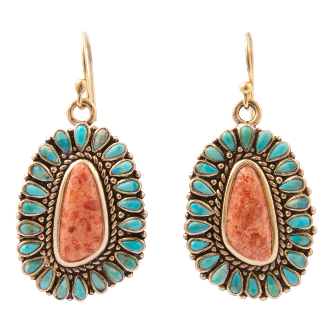 Front view of Sedona blue turquoise and orange sponge coral gold-tone bronze drop earrings