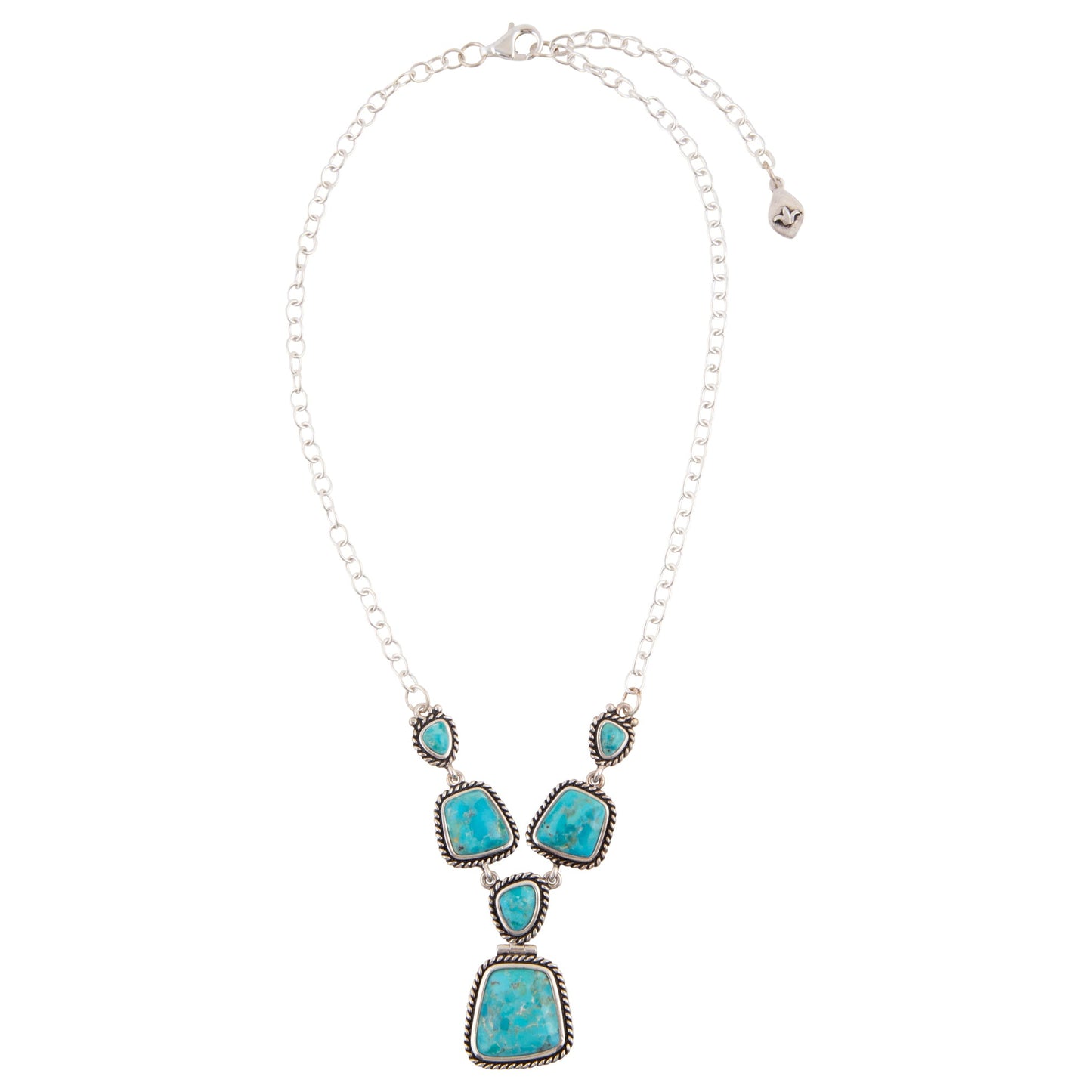 Turquoise necklace with silver chain on a white background