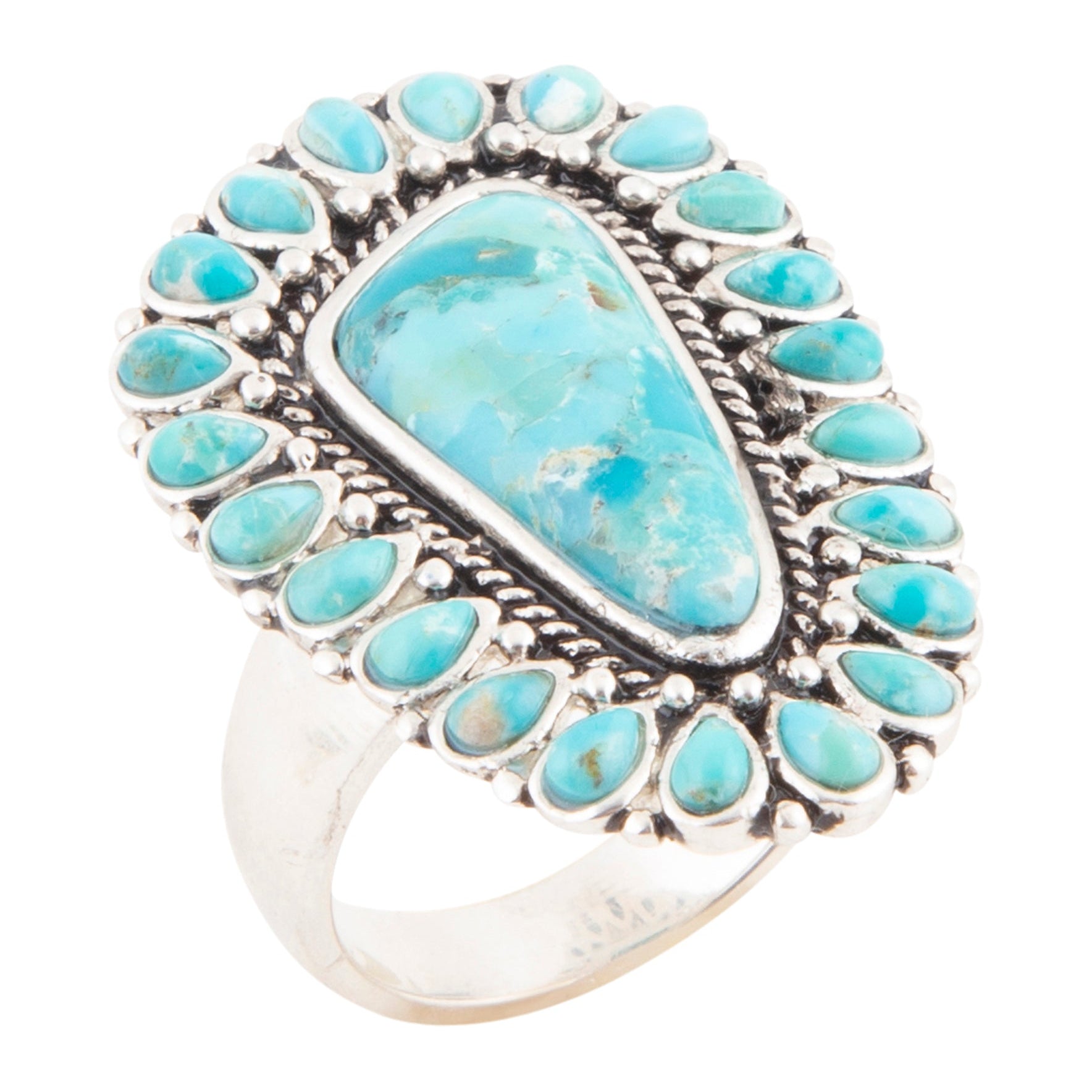 Turquoise stone ring with silver border on a white background