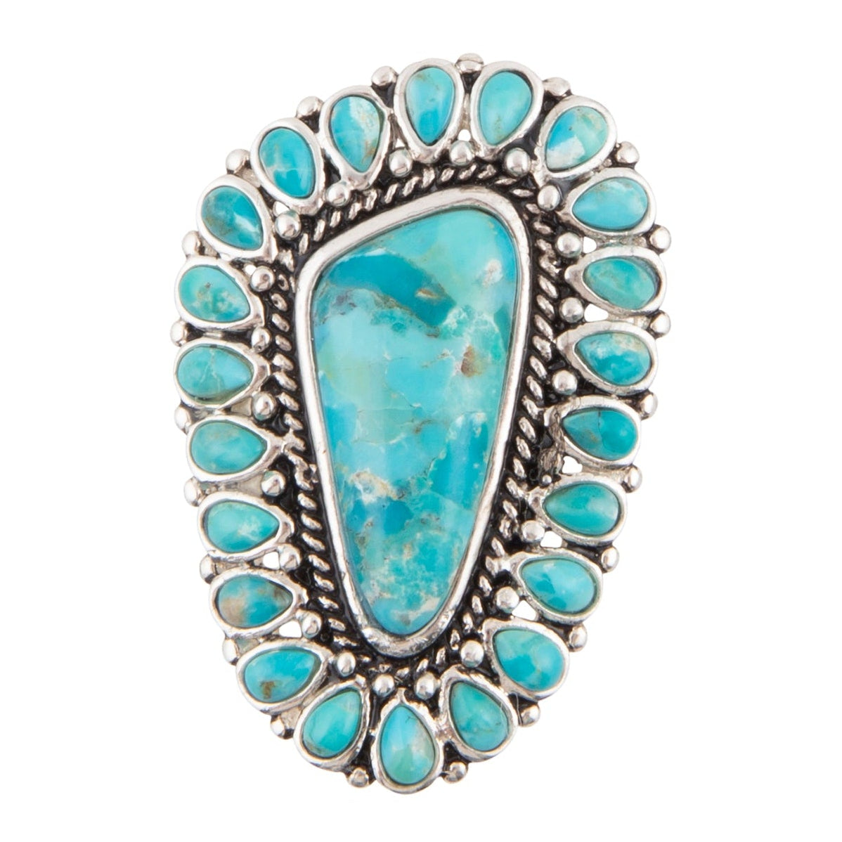 Turquoise stone ring with silver border on a white background