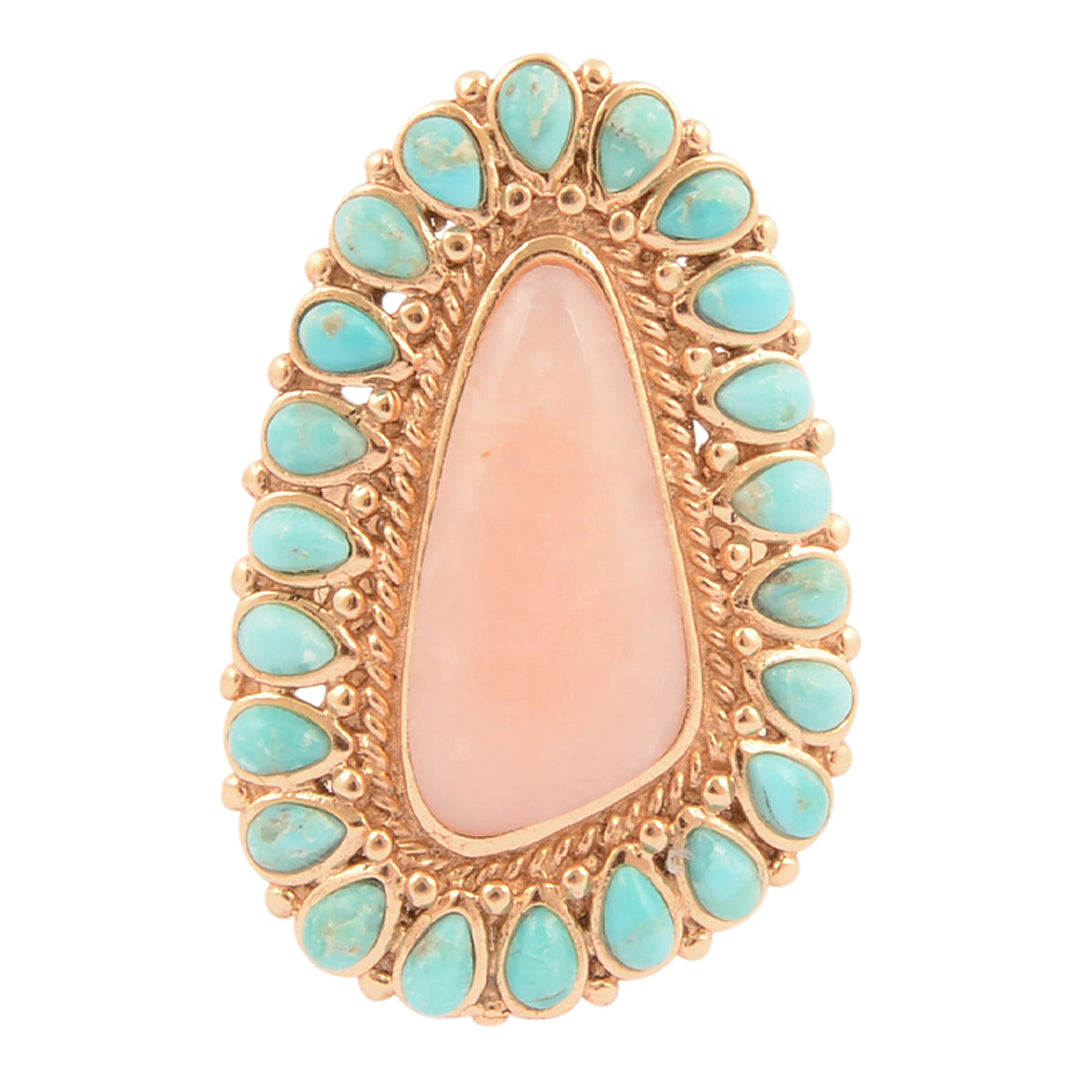 Cactus Rose Pink Opal and Blue Turquoise Golden Statement Ring