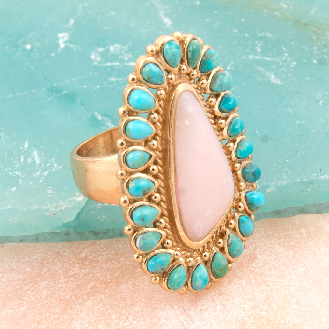 Cactus Rose Pink Opal and Blue Turquoise Golden Statement Ring