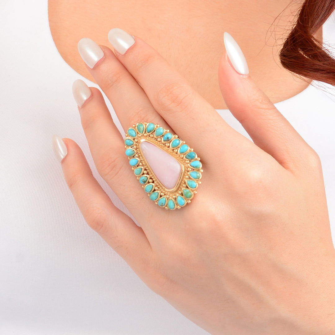 Cactus Rose Pink Opal and Blue Turquoise Golden Statement Ring
