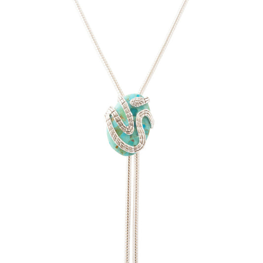 A silver-toned lariat necklace featuring a central turquoise and green marbled bead pendant with silver pavé accents, suspended on a fine silver chain against a solid white background.