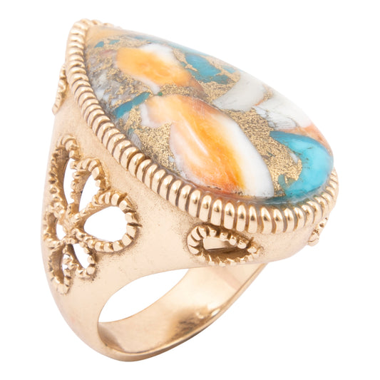 Roped Blue Turquoise Orange Shell Golden Statement Ring