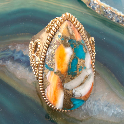 Roped Blue Turquoise Orange Shell Golden Statement Ring