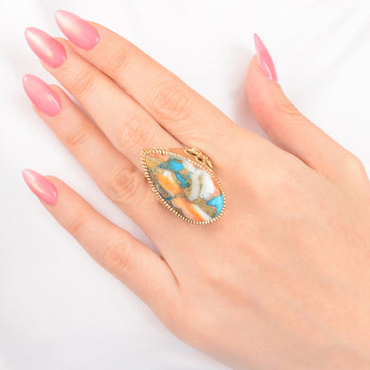 Roped Blue Turquoise Orange Shell Golden Statement Ring