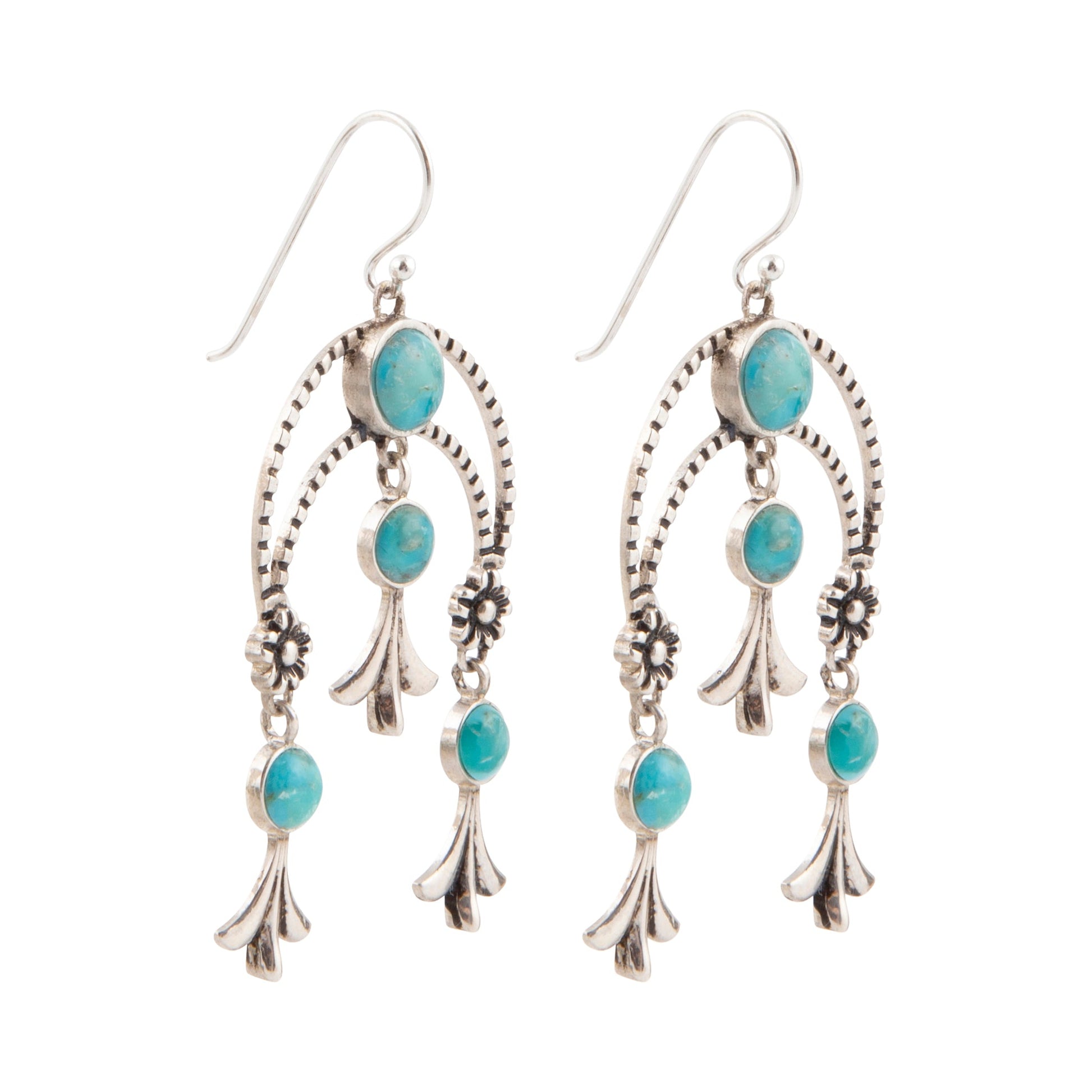 Pair of silver earrings with turquoise stones on a white background