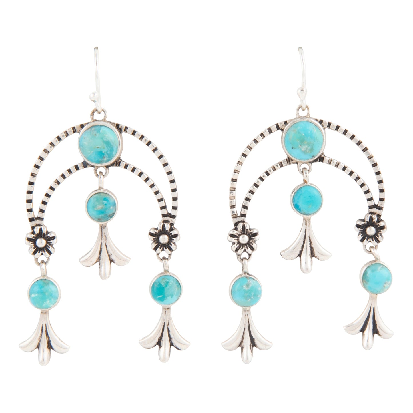 Turquoise stone and silver earring set on a white background