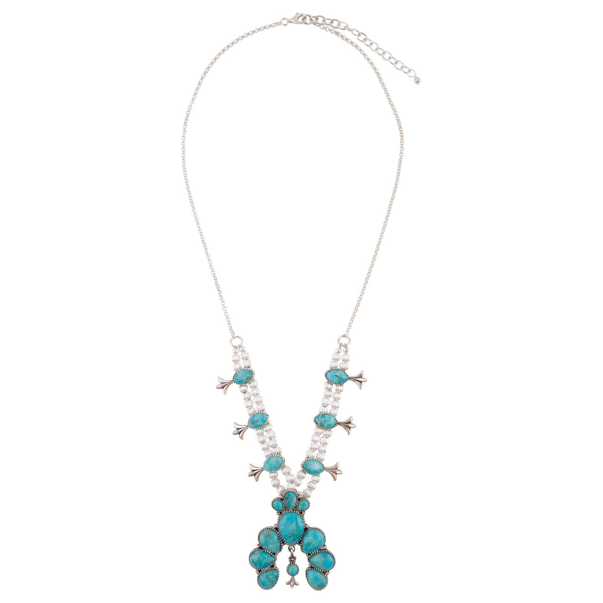 Necklace with turquoise and pearl-like beads on a white background