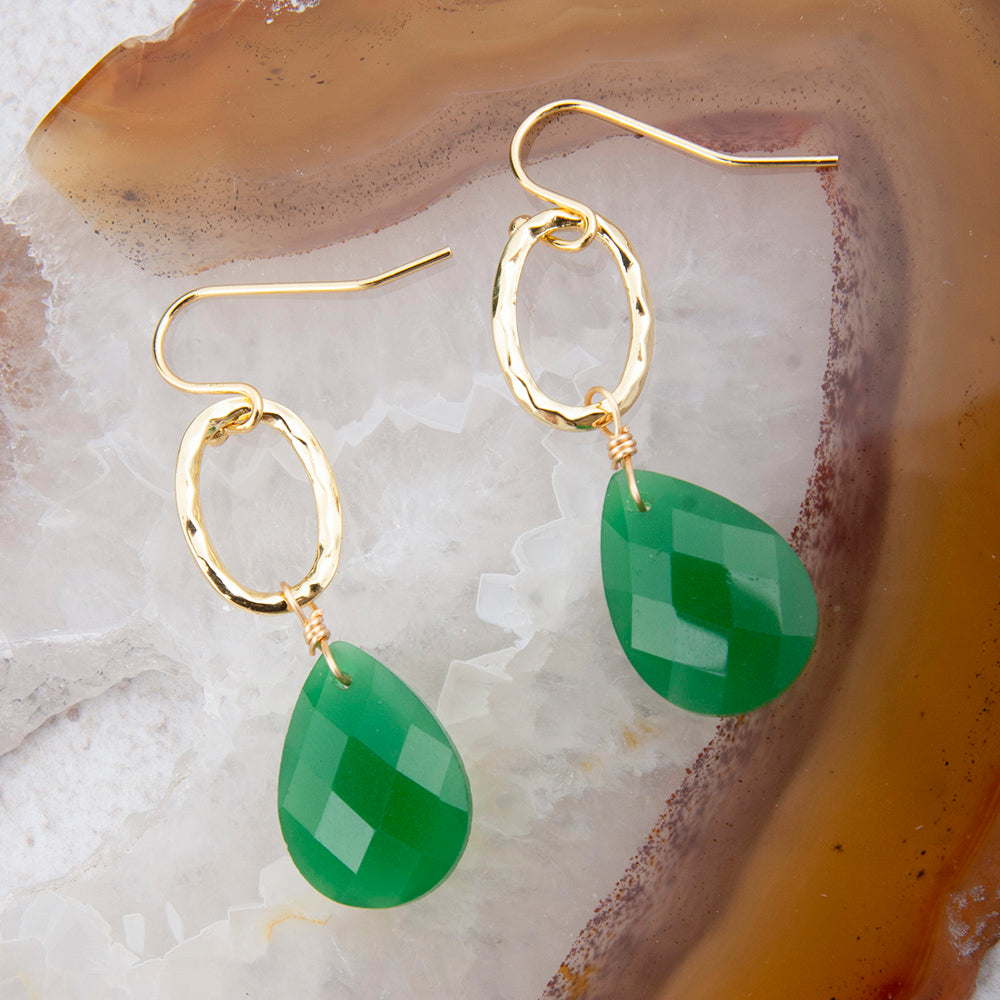 Vibrant Green Onyx Golden Drop Earrings