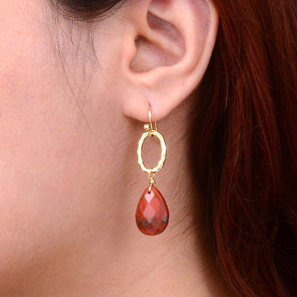 Red Jasper Teardrop Golden Drop Earrings