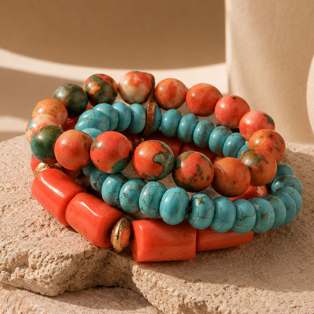Sunset Sky Blue Turquoise and Orange Golden Bracelet Set