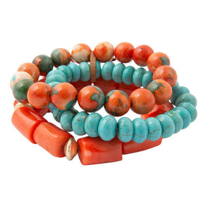 Sunset Sky Blue Turquoise and Orange Golden Bracelet Set